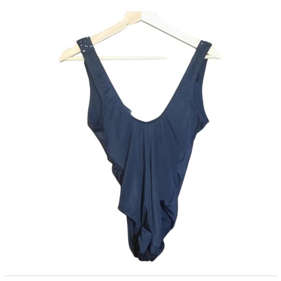 Longitude Womens Black One Piece Swimsuit With Sequined Ruffle Straps Size 10 - Picture 2 of 6